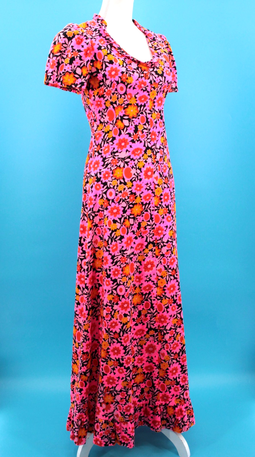 Vtg Women’s 60s Hot Pink & Orange Psychedelic Floral Maxi Dress XS/S 1960s
