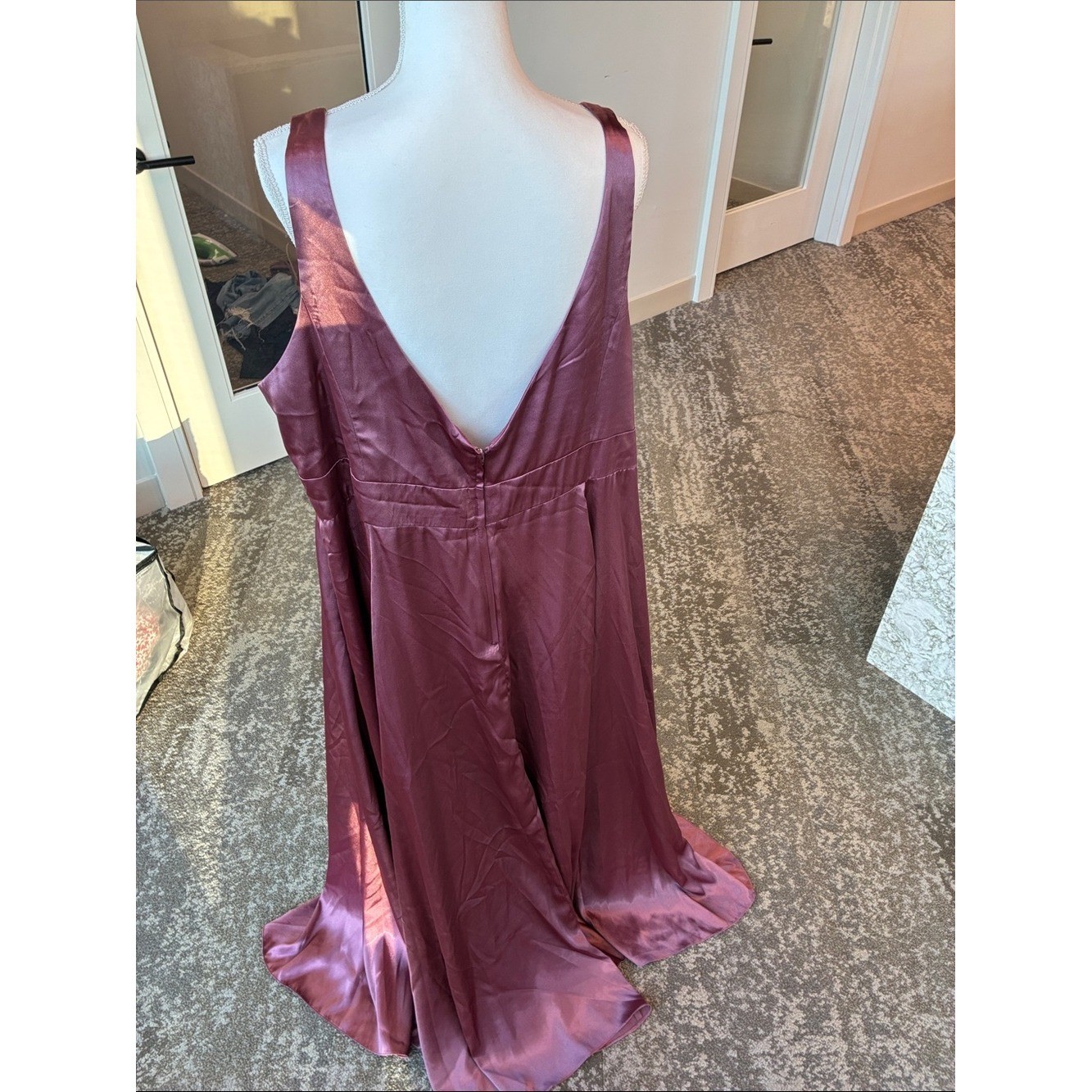 Elegant Deep Plum Satin V-Neck Wedding Dress