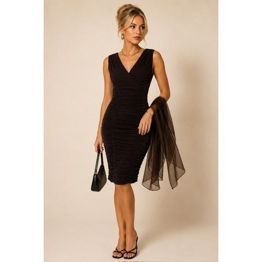 Vintage 90’s Tadashi Women’s Brown Ruched Bodycon Dress V-Neck Cocktail SizeXS