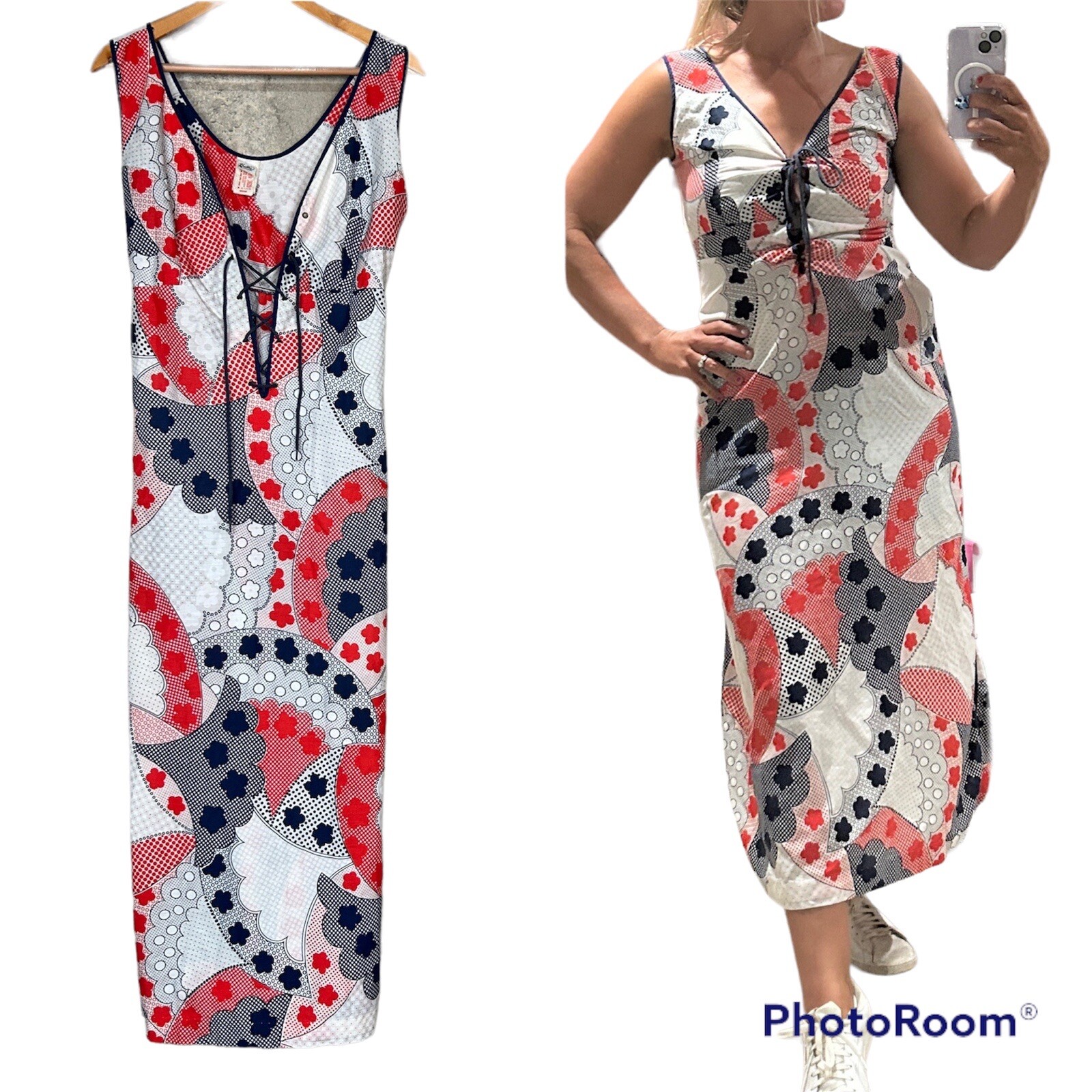 Vintage 70s navy blue red white abstract mod sleeveless midi dress medium