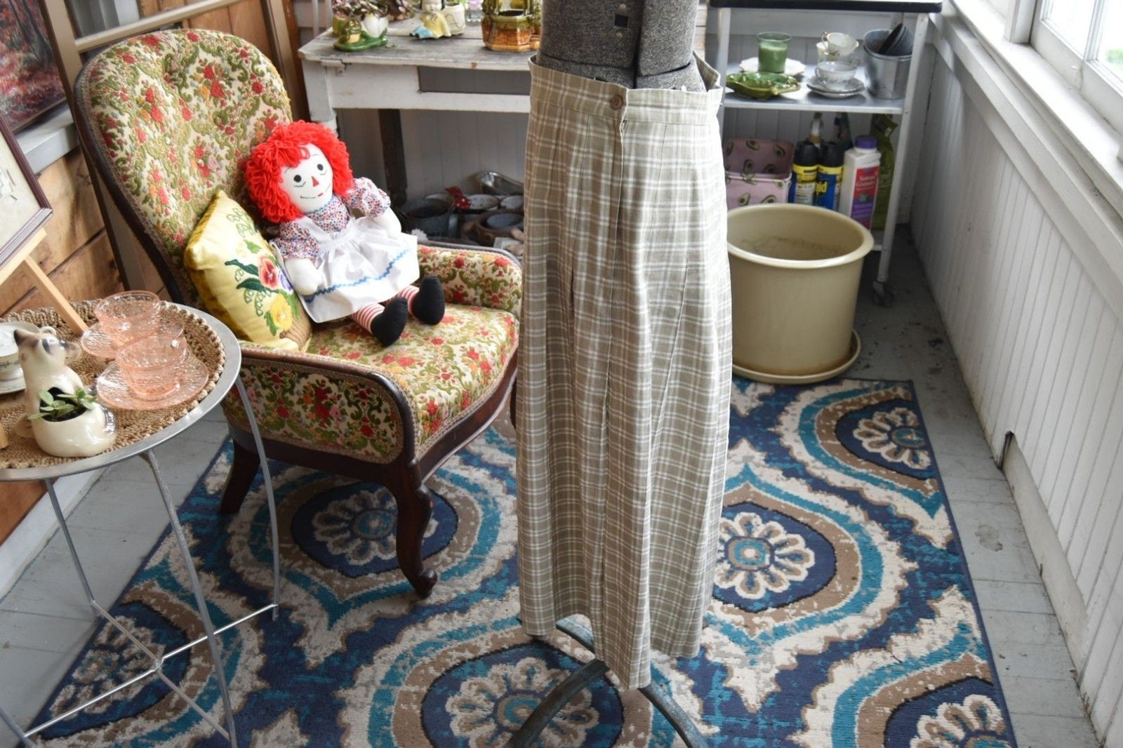 Vintage 80s Plaid Skirt Stanley Blacker Linen Blend Beige and White Size Large