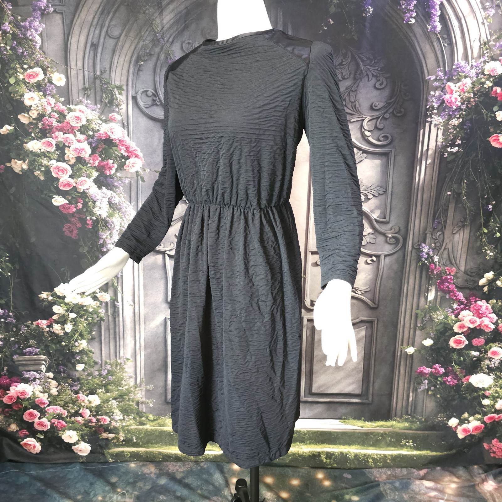 Vintage 1970s Black Dress Textured Fabric Satin Shoulders Long Sleeves