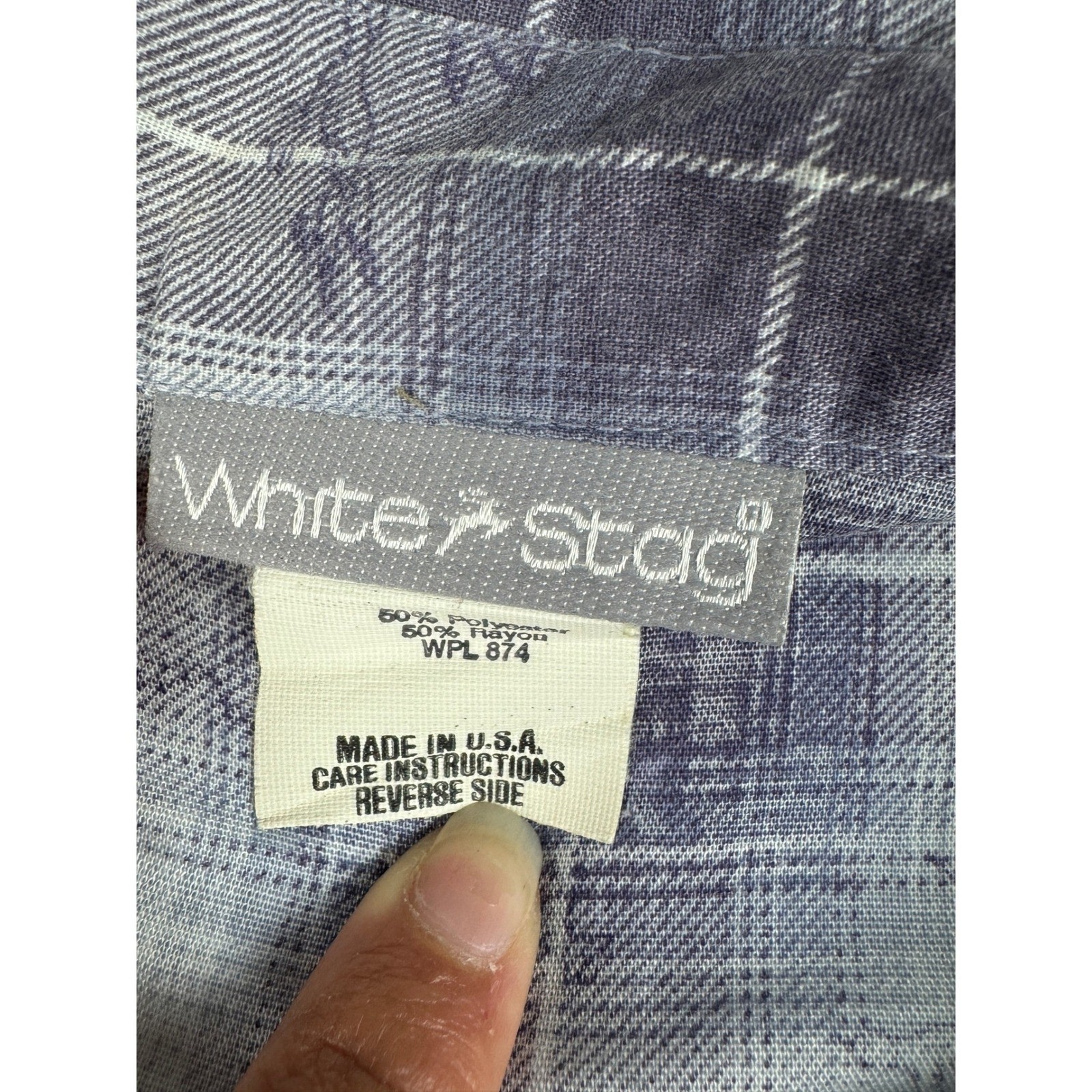 Vintage White Stag Plaid Bird Print Button Down Shirt Blue Grey USA Made Large