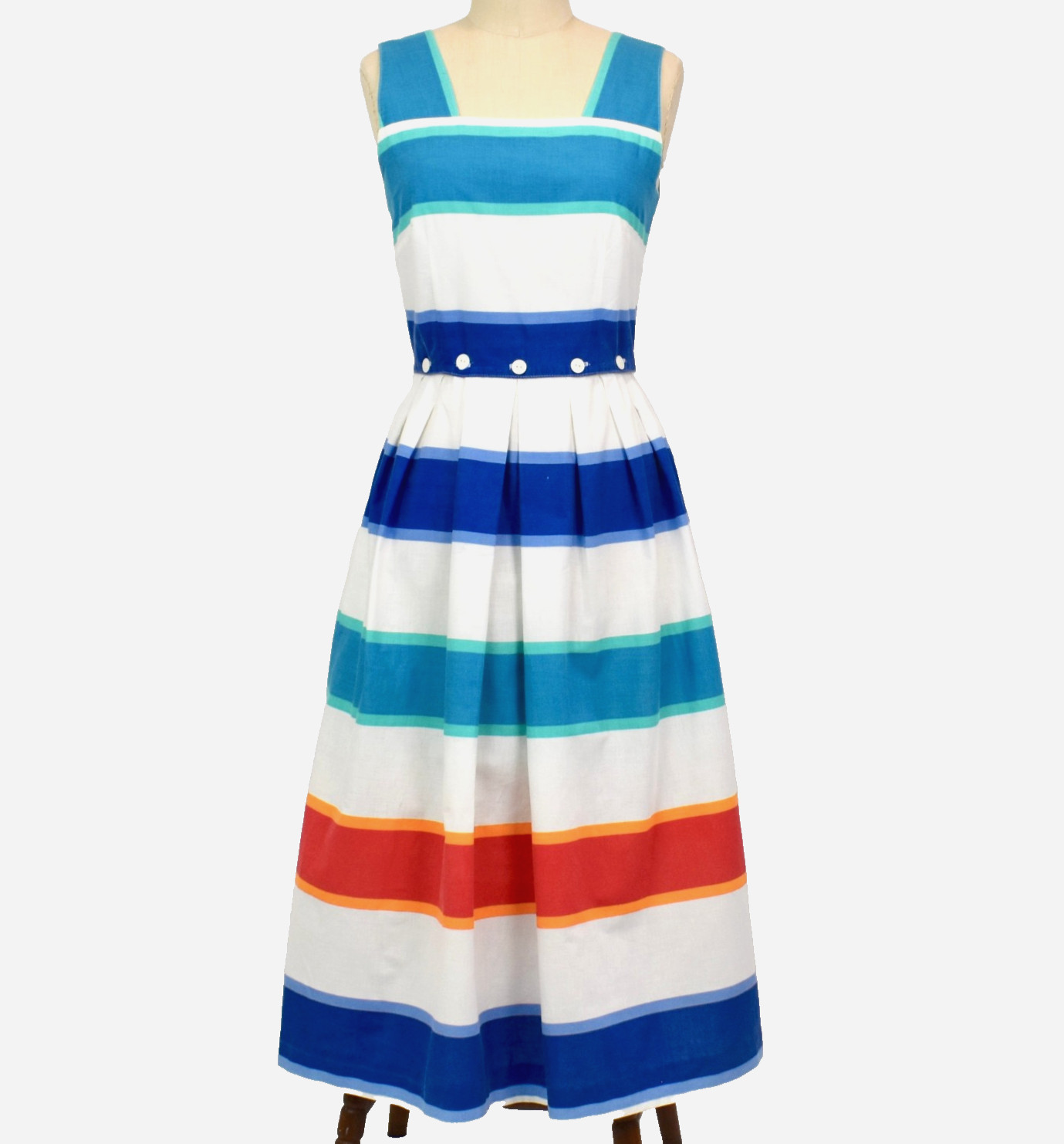 Vtg 70-80s LANZ Stripe Cotton Sundress Button Detail Midi Dress Set Size 7/8 S
