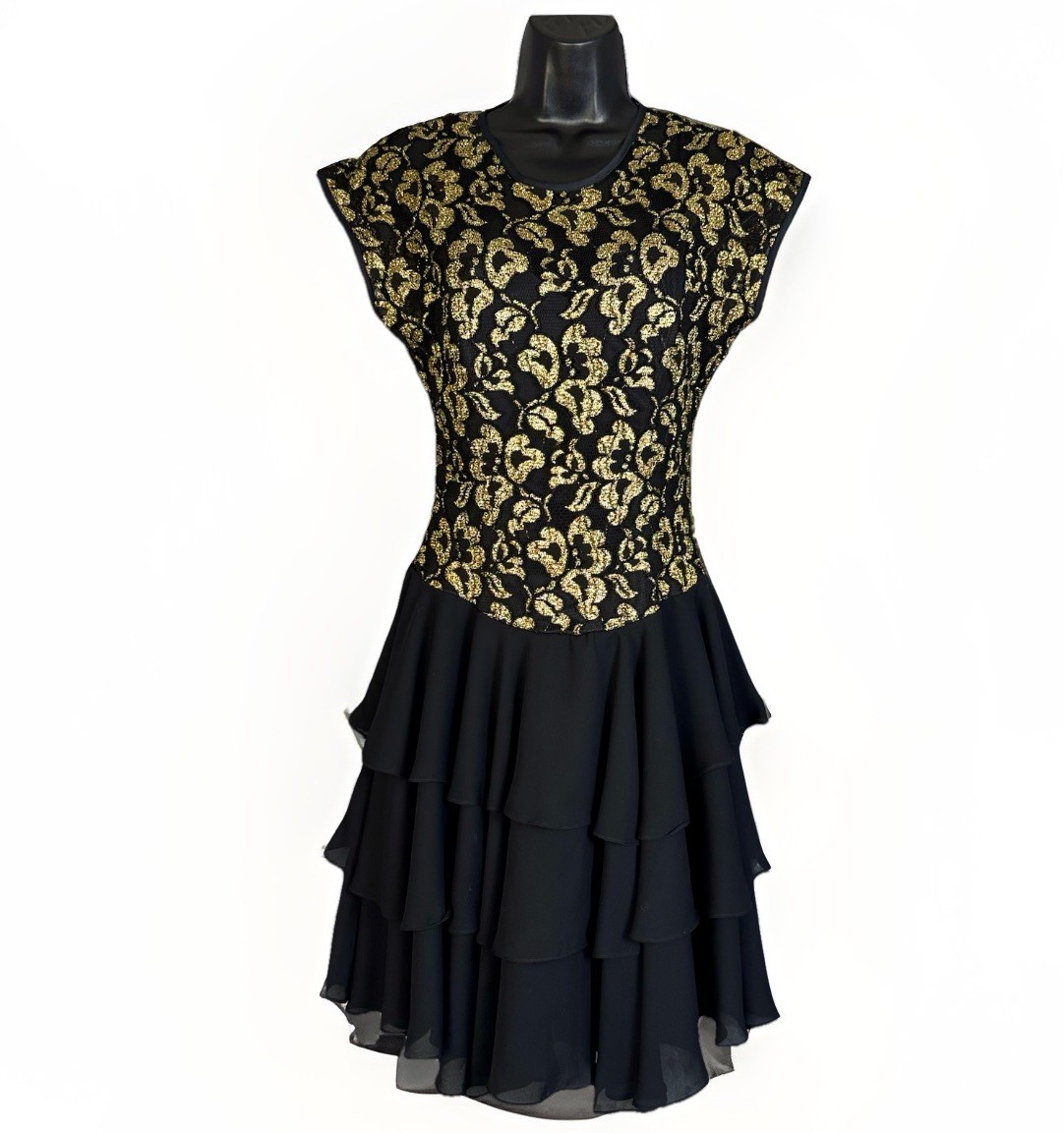 Vintage 80’s Late Edition Black Sheer Gold Floral Tier Ruffle Mini Dress Size 8