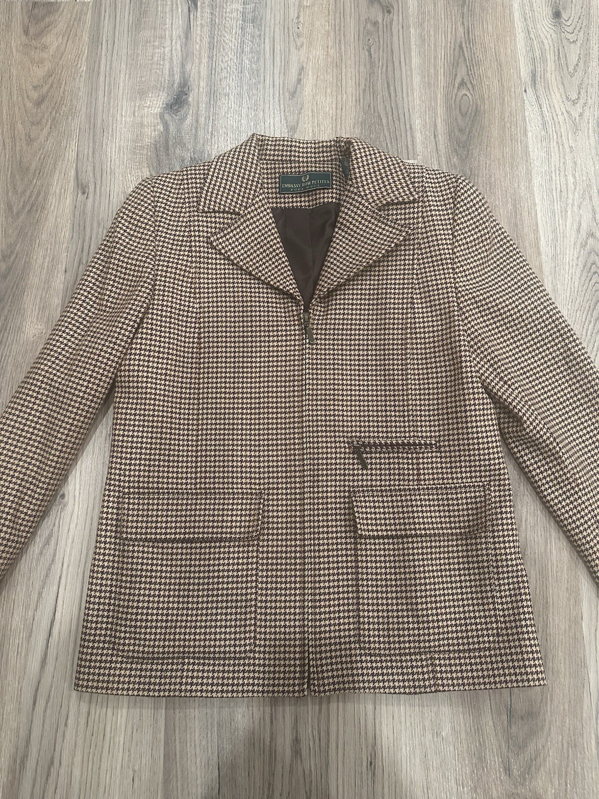 Vintage Embassy Row Petites Brown Plaid Wool Blazer Zip Jacket Houndstooth Sz 6P