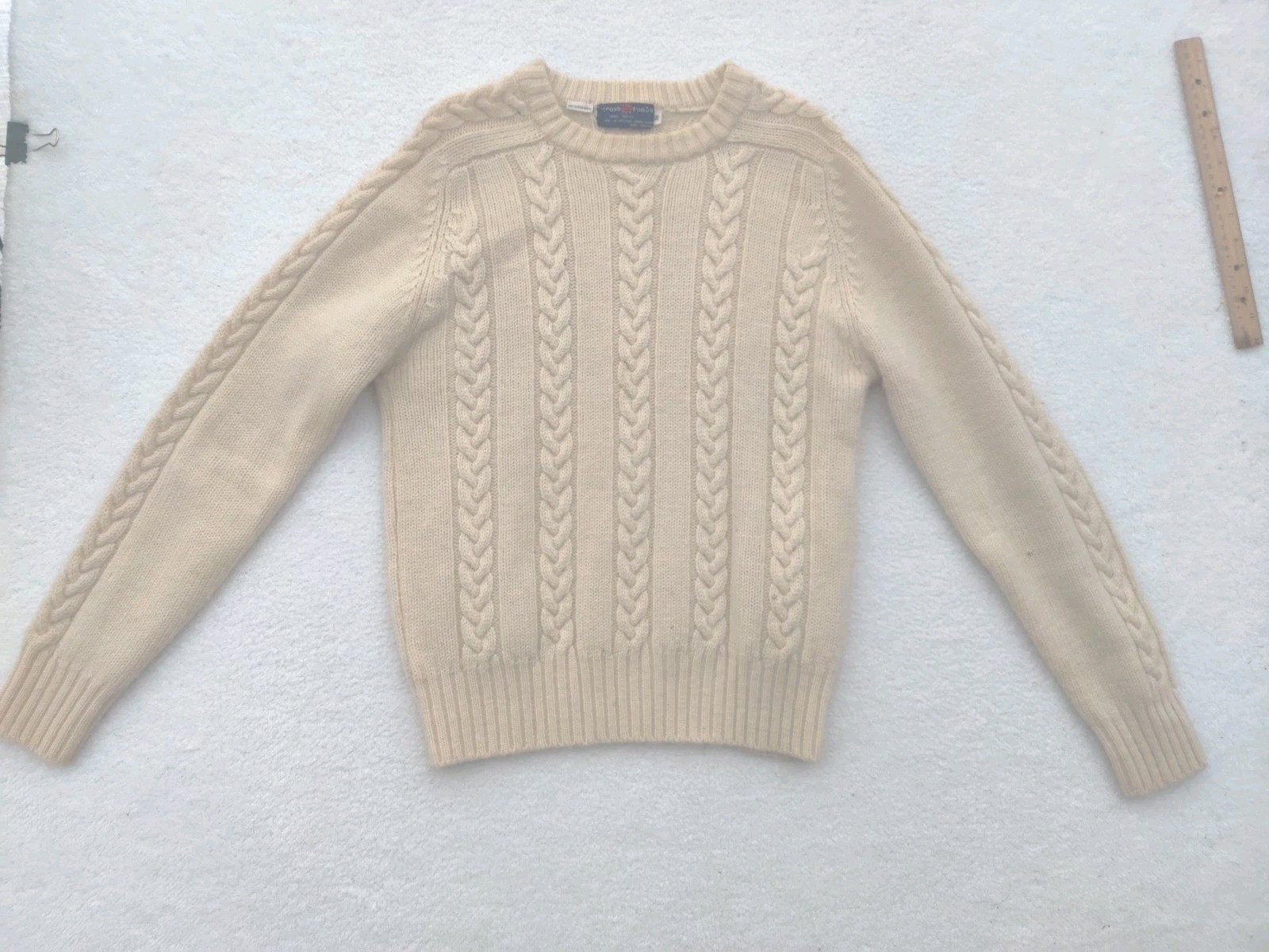 Vtg Crossroads Wool Fisherman Sweater M Cream Cable Knit British Hong Kong 6457