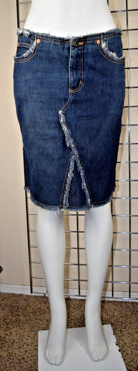 Vintage Skirt Guess Jeans Size 29 90s Blue Knee Length Frayed Trim Made USA