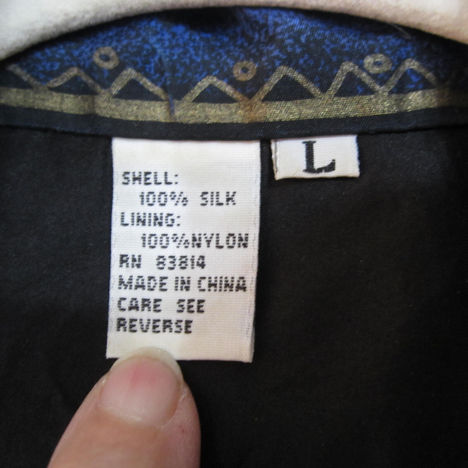 Fuda Int’l Size Large 100% Silk Bomber Jacket Blue/Black/Gold Geometric Print