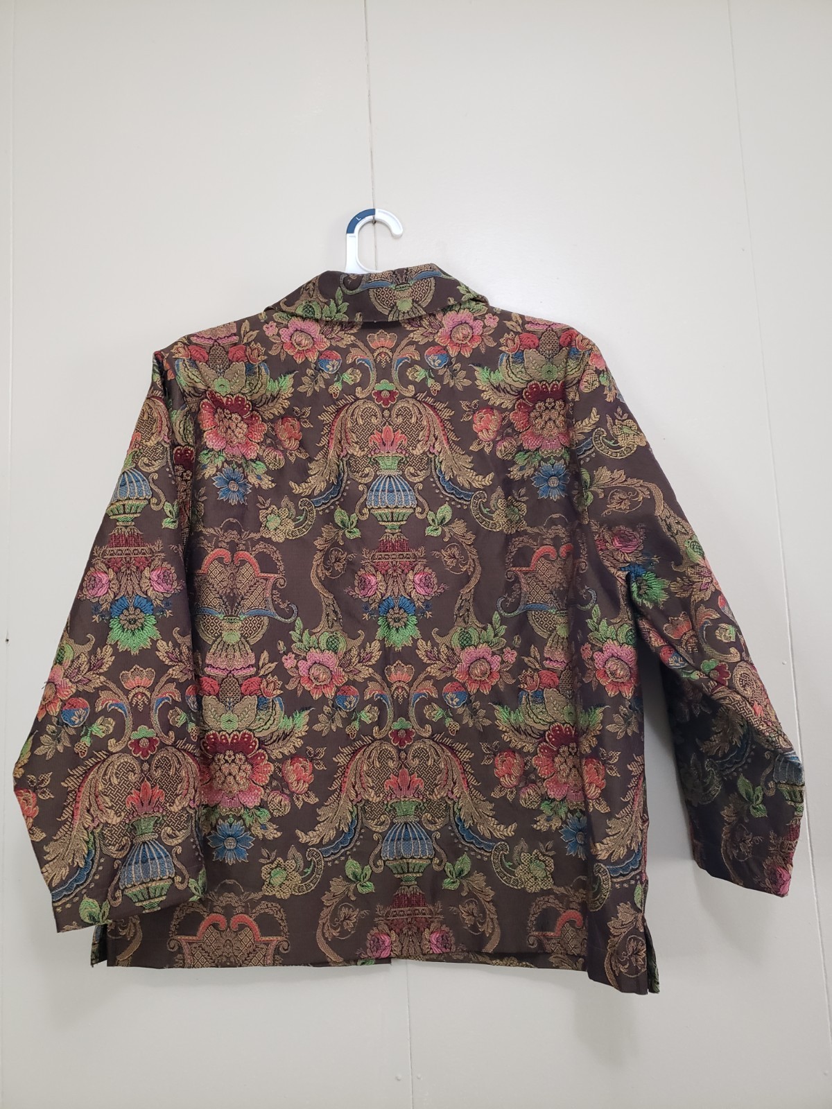 Vtg Bon Worth Women Petite M PM Jacquard Jacket Oriental Floral Brown Pink Artsy