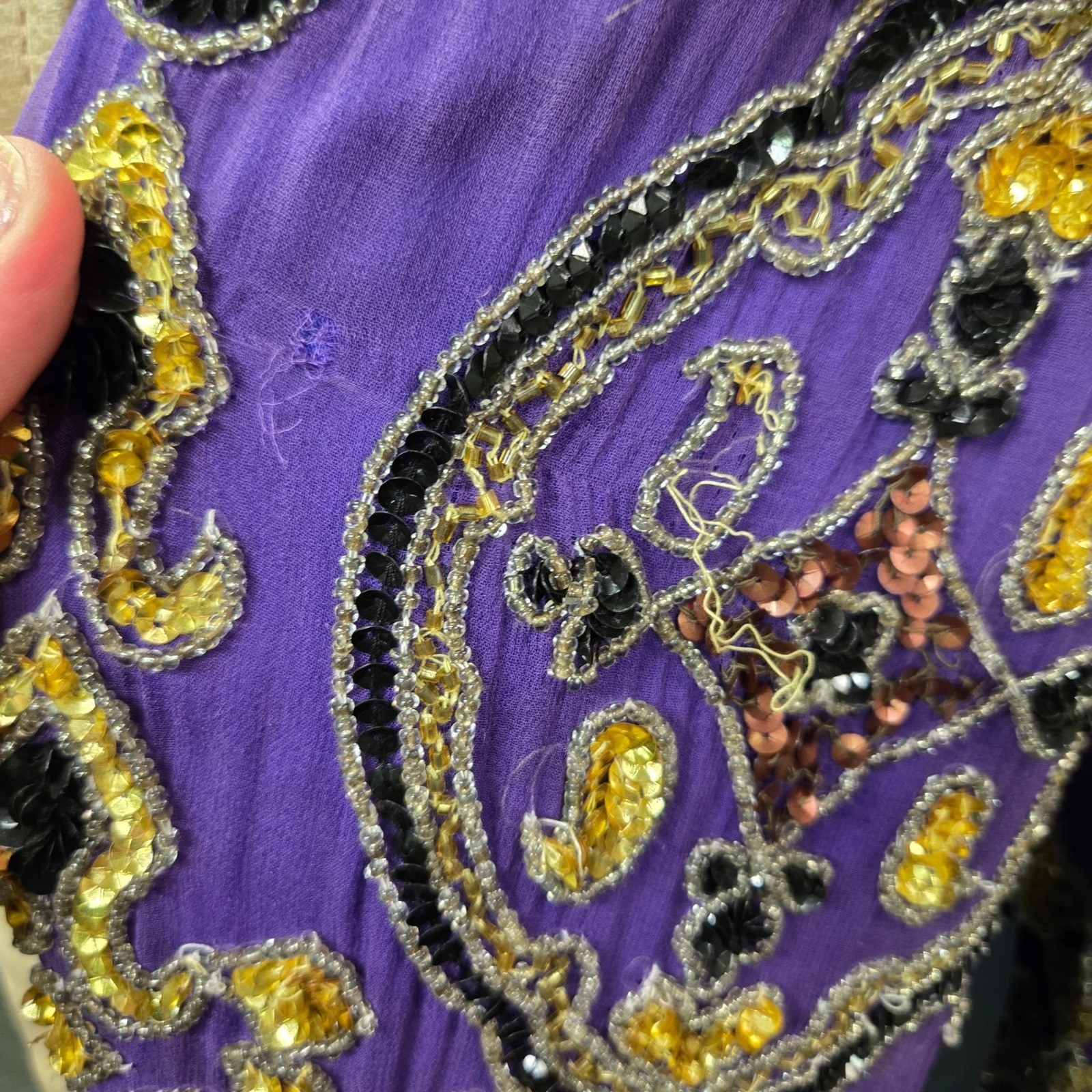 Vintage Beaded Silk Jacket Maximalist XL Purple Sequin Open Festival Art Deco