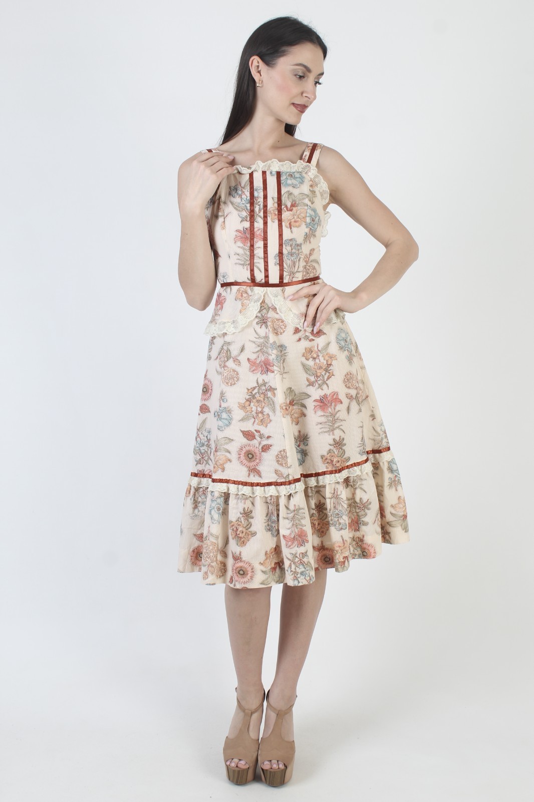 Vintage 70s Peplum Sundress Prairie Cottagecore Boho Wedding Peasant Mini Dress