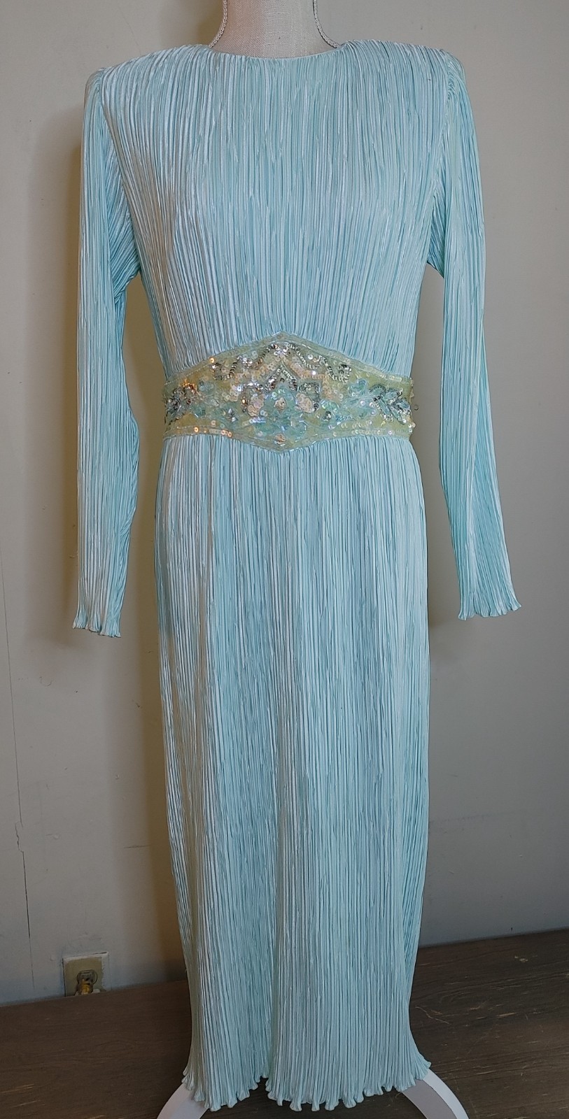 Vintage Ricki Lang Nuit Fortuny Pleat Evening Dress Deco Sequin 14 USA Union tag