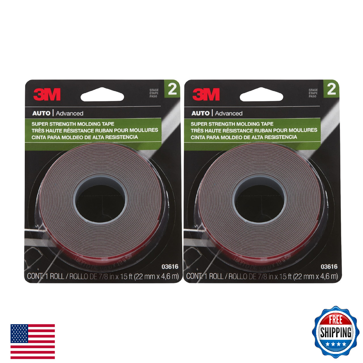 3M Super Strength Molding Tape 03616 7/8in x 15ft Heavy Duty Double-Sided Automo