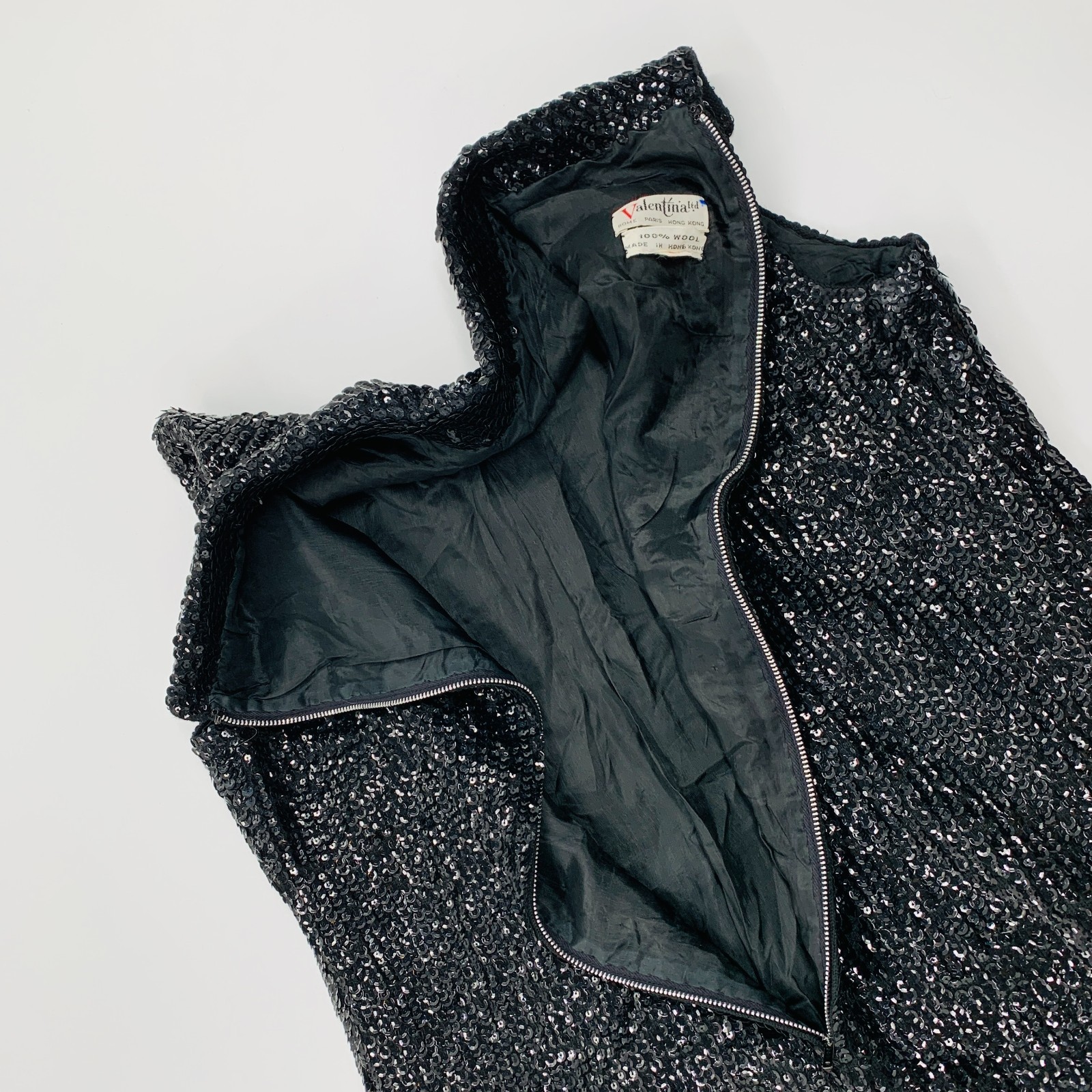 Vintage Valentina 60s Black Wool Sequin Sleeveless Shift Dress | Size L/XL