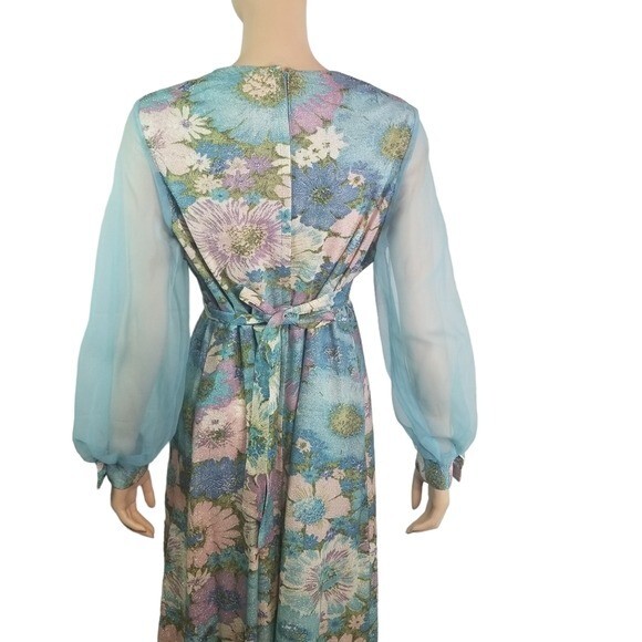 Vtg 70s floral lurex metallic sheer sleeve chiffon hostess formal maxi dress