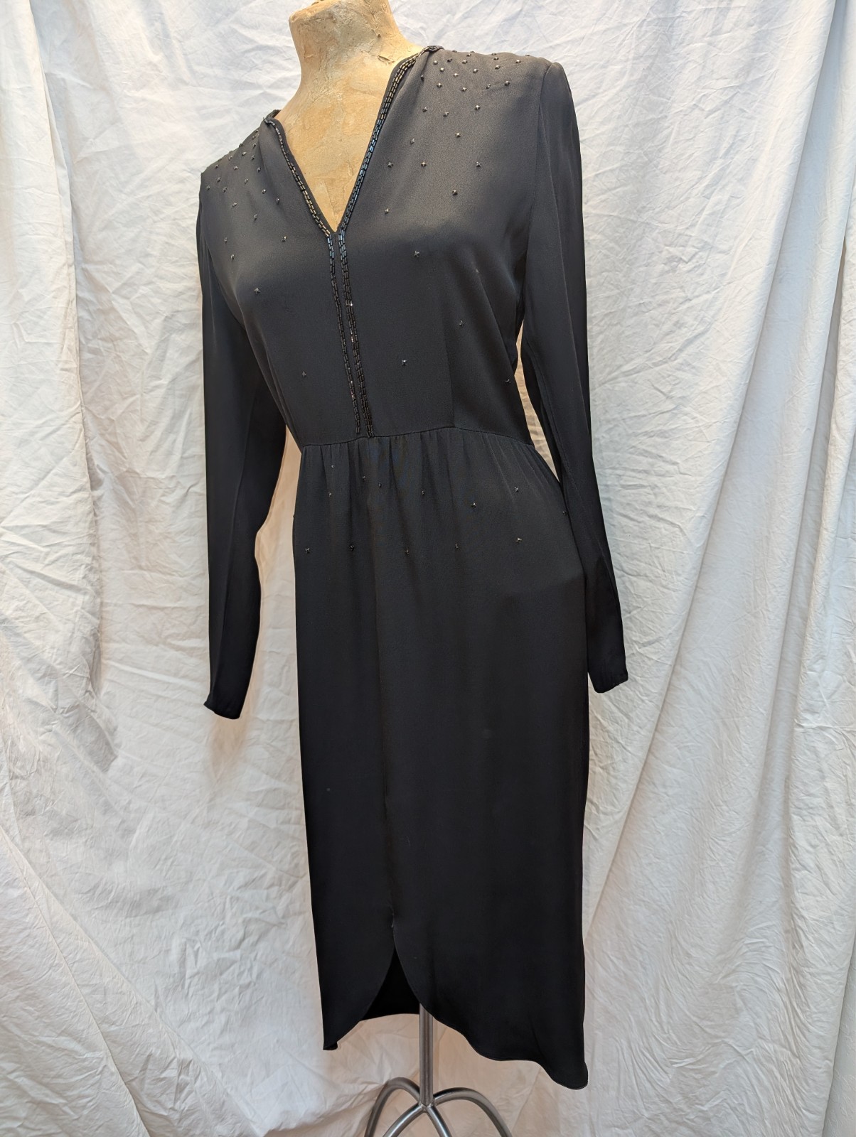 1980s 40s Style Black Rayon Beaded Dress St. Gillian Kay Unger Size S