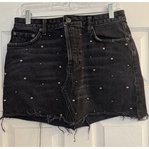 Reformation Black Denim Mini Skirt Sz 28 Pacific Wash Studs Goth Festival EUC