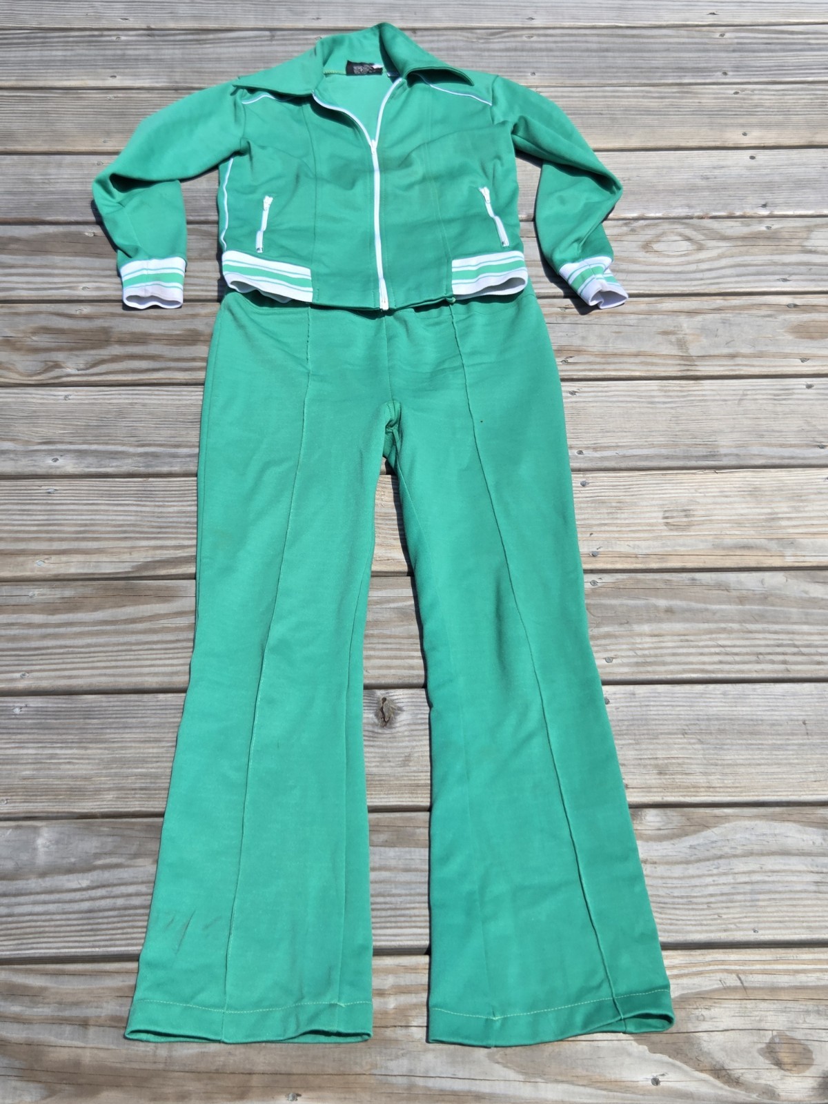 Vintage 1970s Green Track Suit Womens M Bell Bottom Pants Disco Zip Jacket Retro