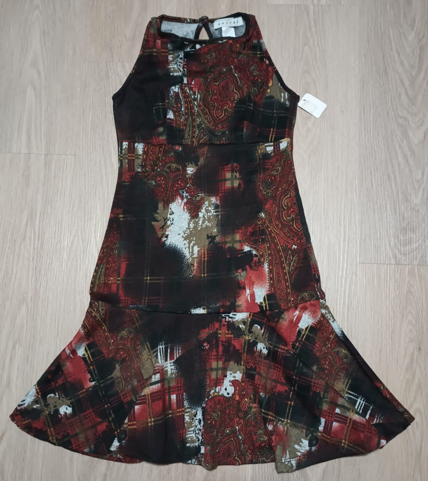 New Vtg 90s Stretch Velour Plaid Paisley Art Nouveau Steampunk Trumpet Dress S
