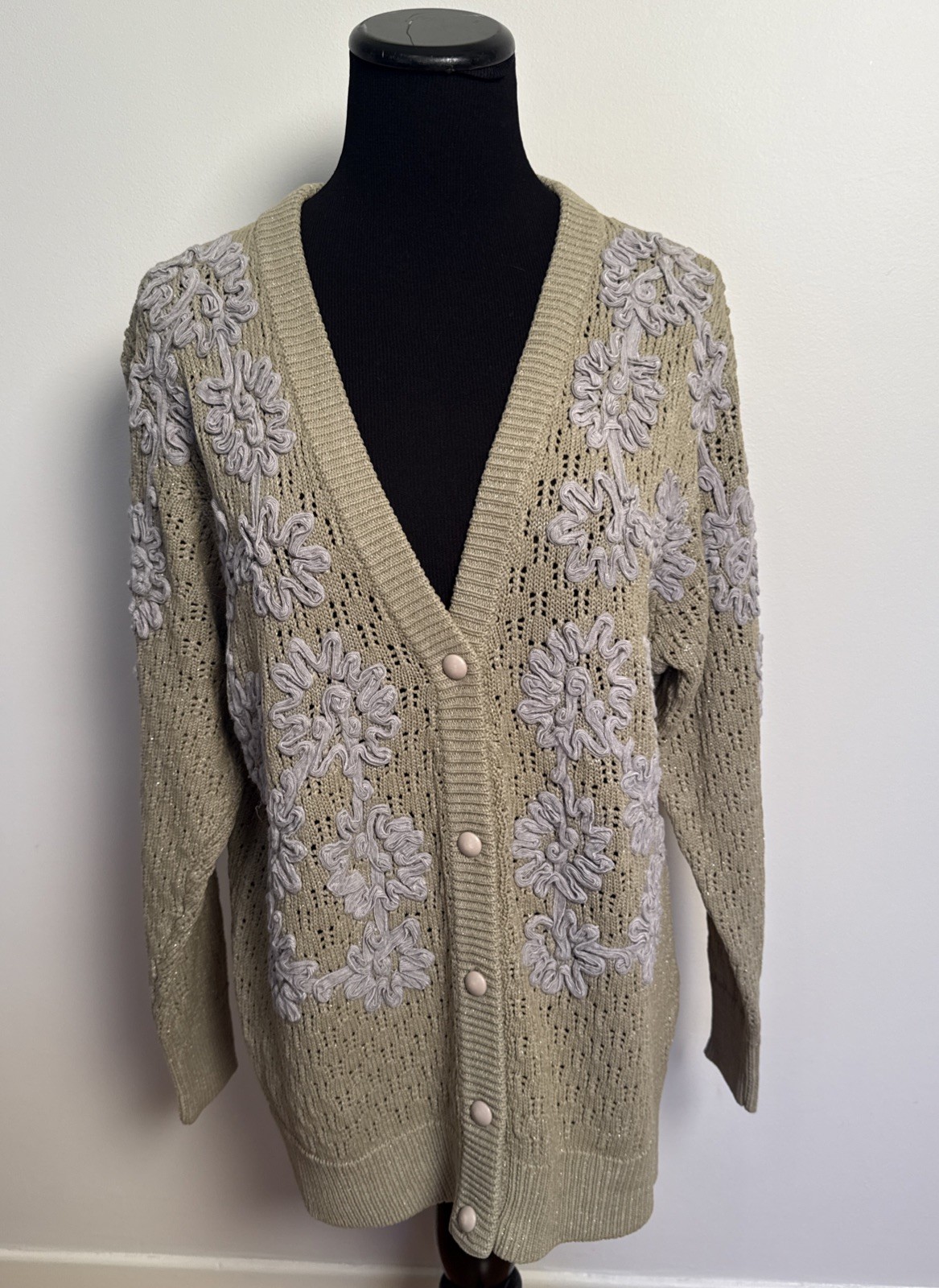 Vintage Fully Fashion Crochet Knit Appliqué Metallic Cardigan Wool Blend S-M