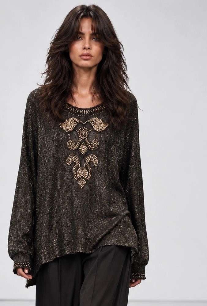 Vintage Sweater McBling Pearl Beads Glam Fairy Goth Evening Knitwear Gold Foil L