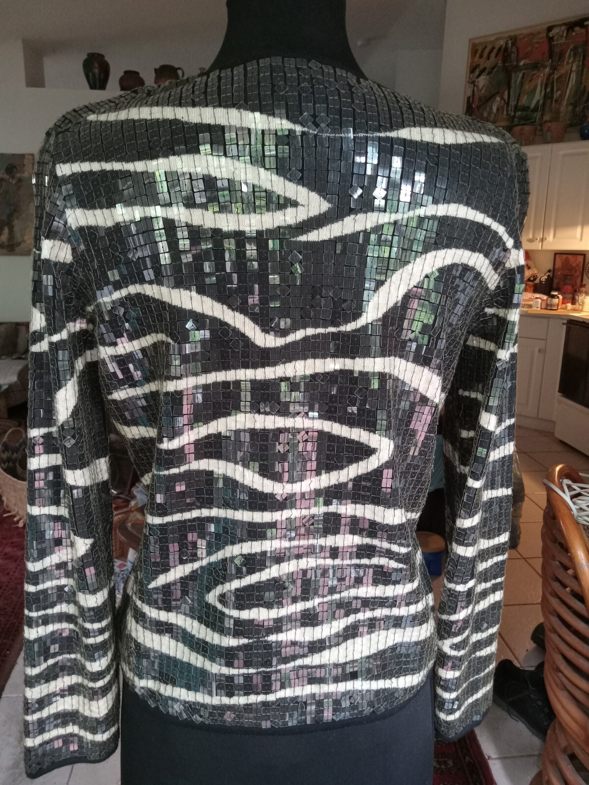 Vintage Adrienne Vittadini Black Grey MOD Sequined Sz L-Sweater Party Top