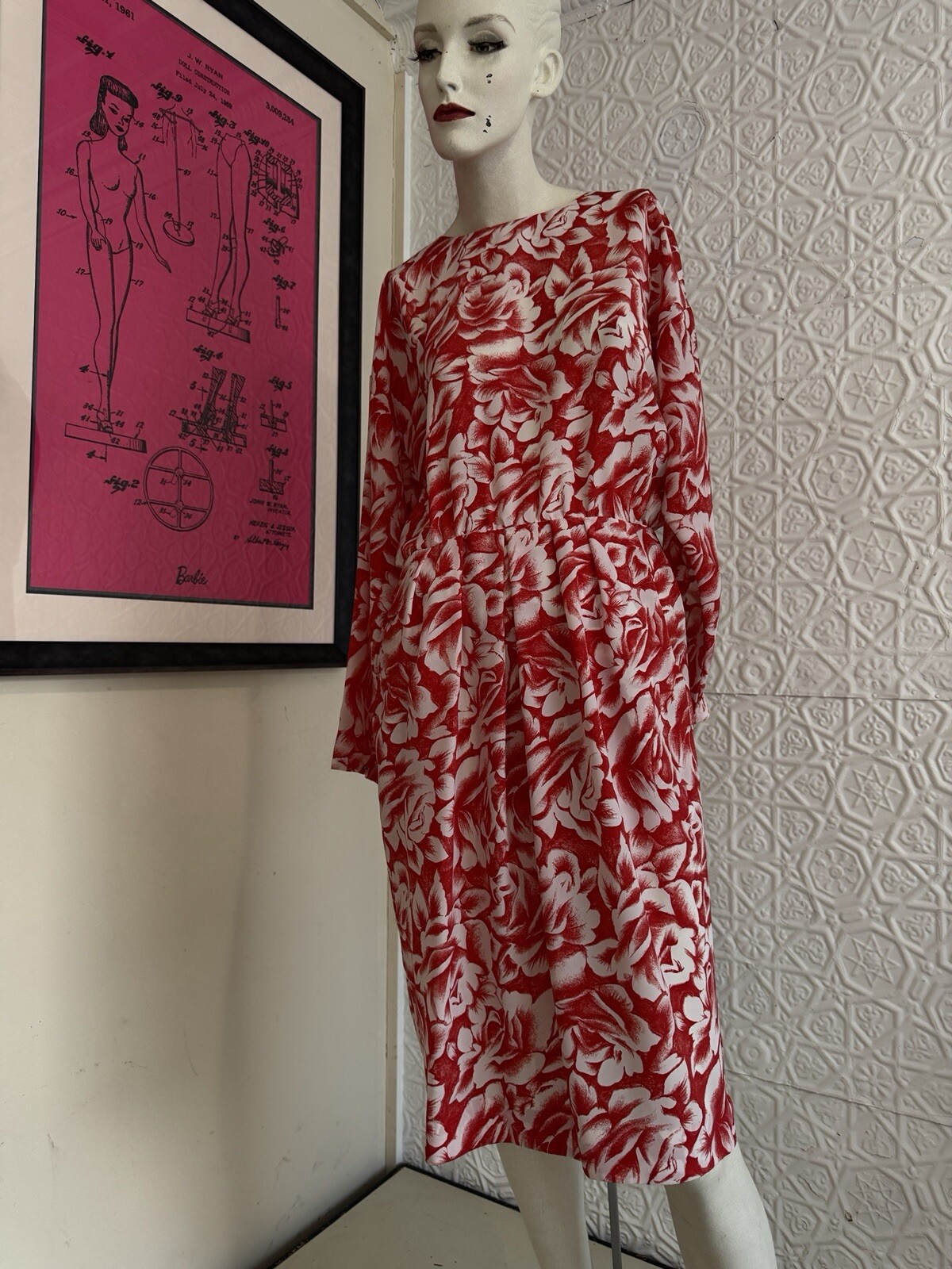 Vintage Dress 1980s Rose Print-romantic-Red-white-Daydress-floral-Small/medium