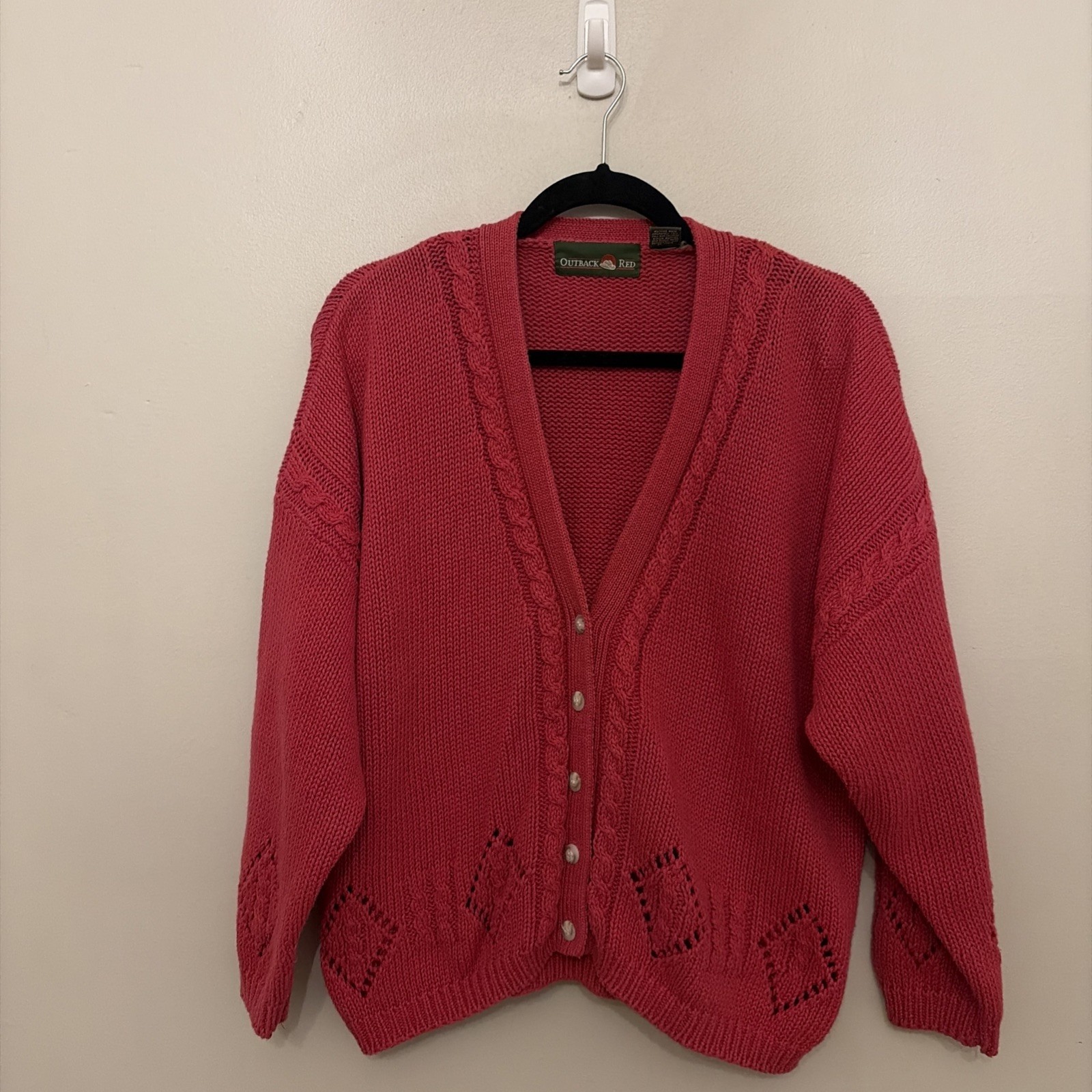 Vintage Outback Red Womens Cable Knit Oversized Cardigan Sweater Size Large Red