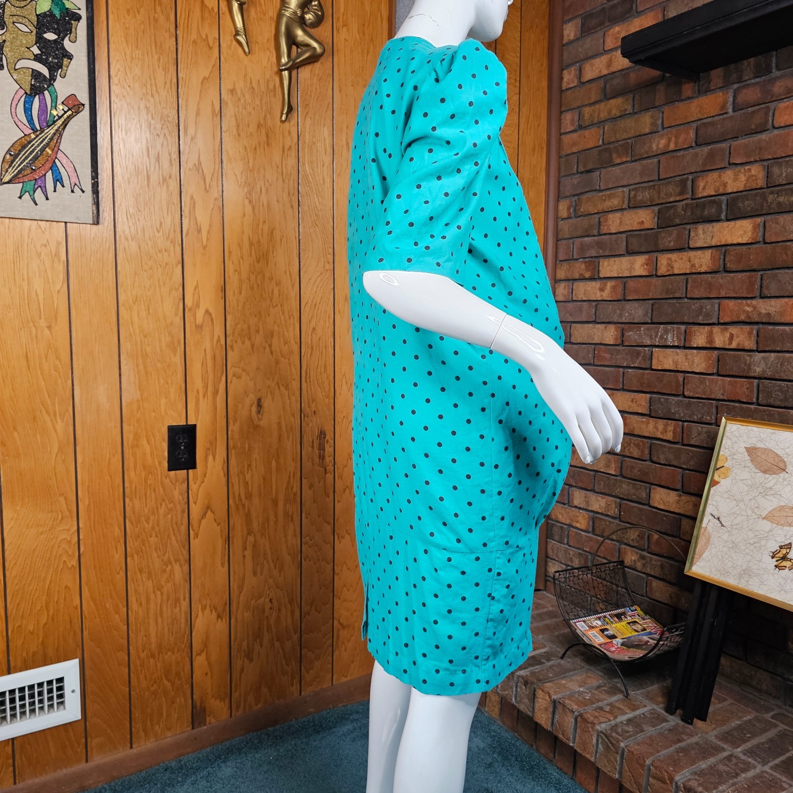 Vtg 80s New Wave Maternity Power Suit Teal Polka Dot Pencil Secretary Dress M/L