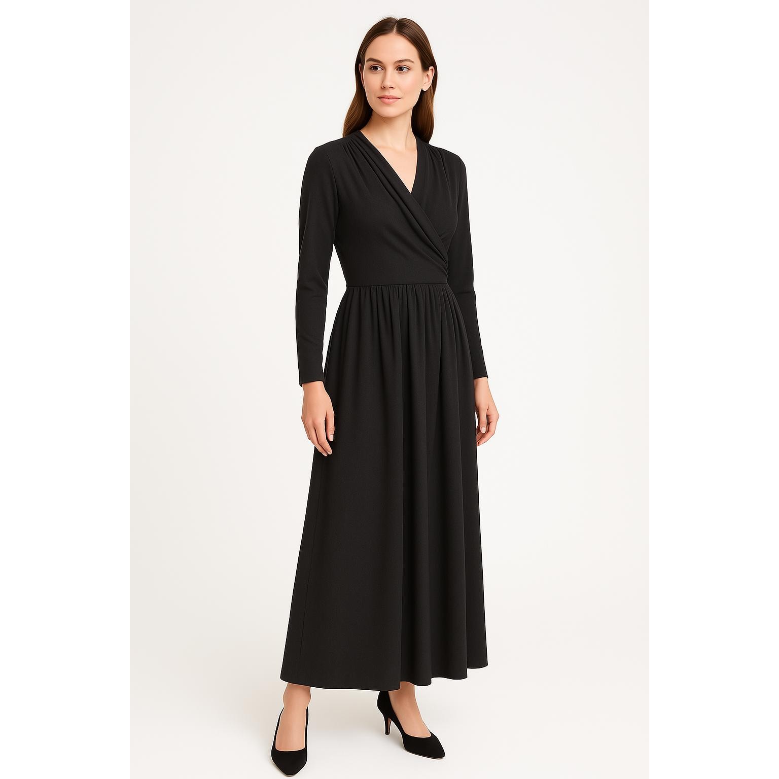Laura Ashley Black Vintage 100% Wool Wrap Chest L/S Solid Dress Size 10