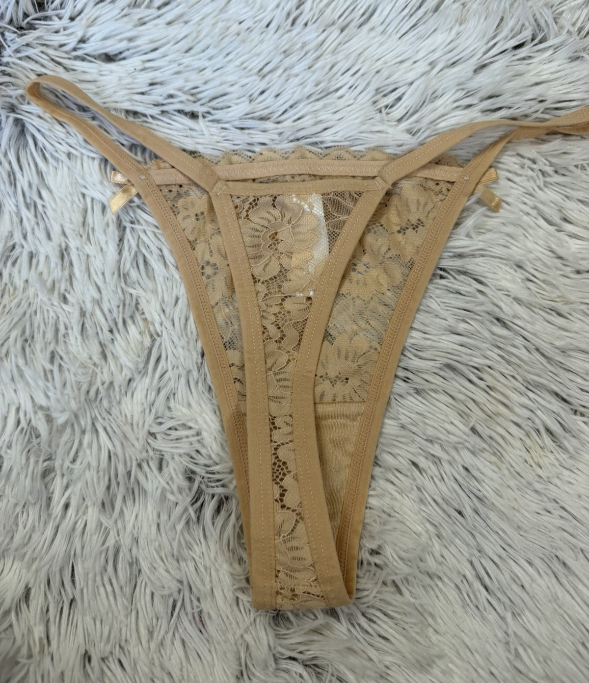 Women’s Lace Sz Small Thong String Panties floral brown Underwear w/ Bows