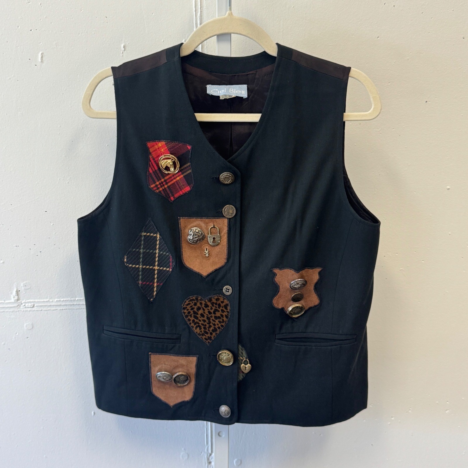 Vintage Ciel Bleu Patchwork Novelty Button Wool Blend Vest Western Black