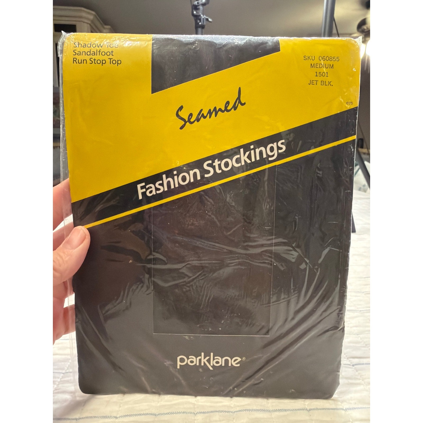 Vintage Parklane Seamed Thigh High Stockings Jet Black Medium NOS Made USA