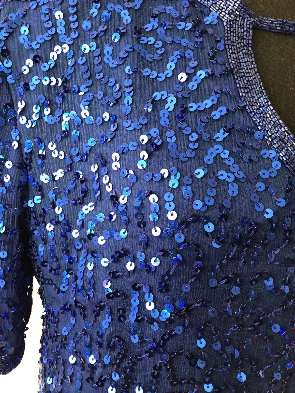 Vintage ’80s Joseph Le Bon Royal Blue Sequined & Beaded Tunic Top Cutout L/XL