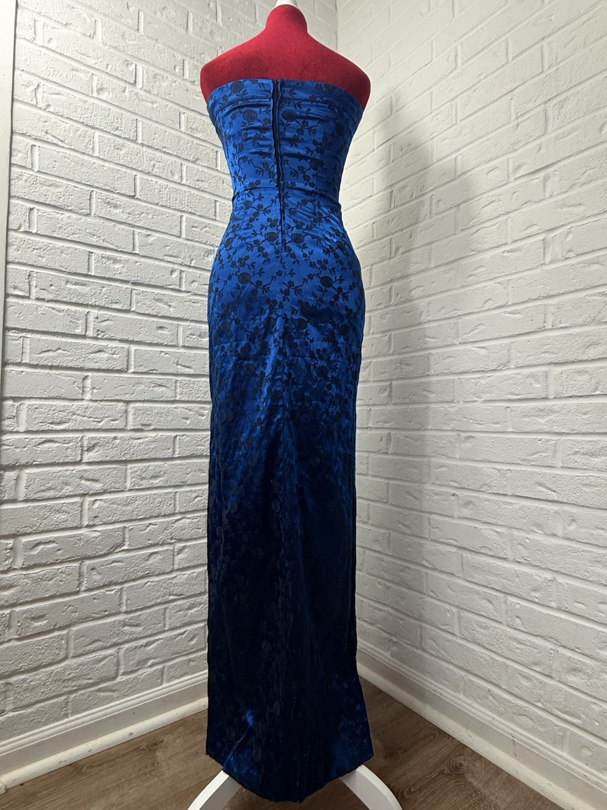 Vintage 90s L.A. Glo S Blue Black Floral Brocade Strapless Maxi Dress USA