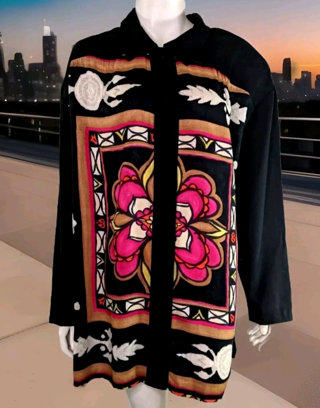 Vintage 90s Floral Blouse Black Pink Stained Glass Look Black Brown Womens L XL