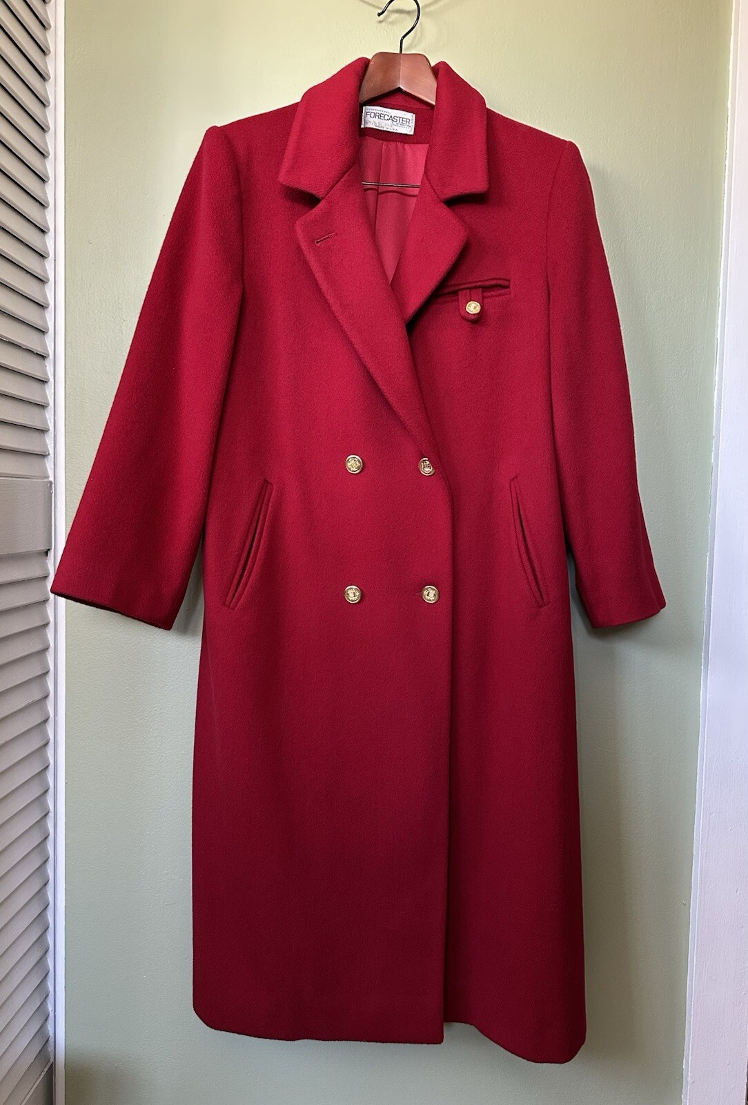 Vintage 100% Pure Wool Long Overcoat Classic Ruby Red Gold Button Made USA ILGWU