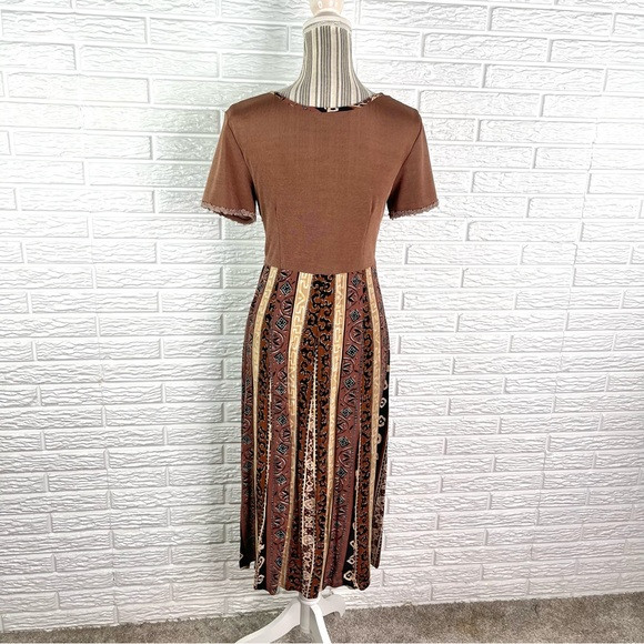 Vintage Parahero Patterned Striped Maxi Dress Brown Black Cream Size Small