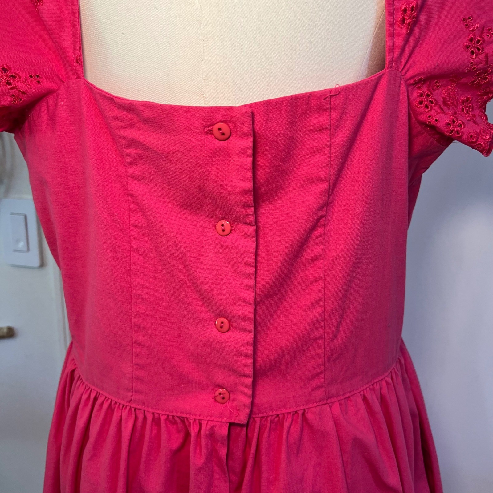 Vintage Impromptu Pink Cotton Midi Dress Eyelet Sleeve Open Back Size 14