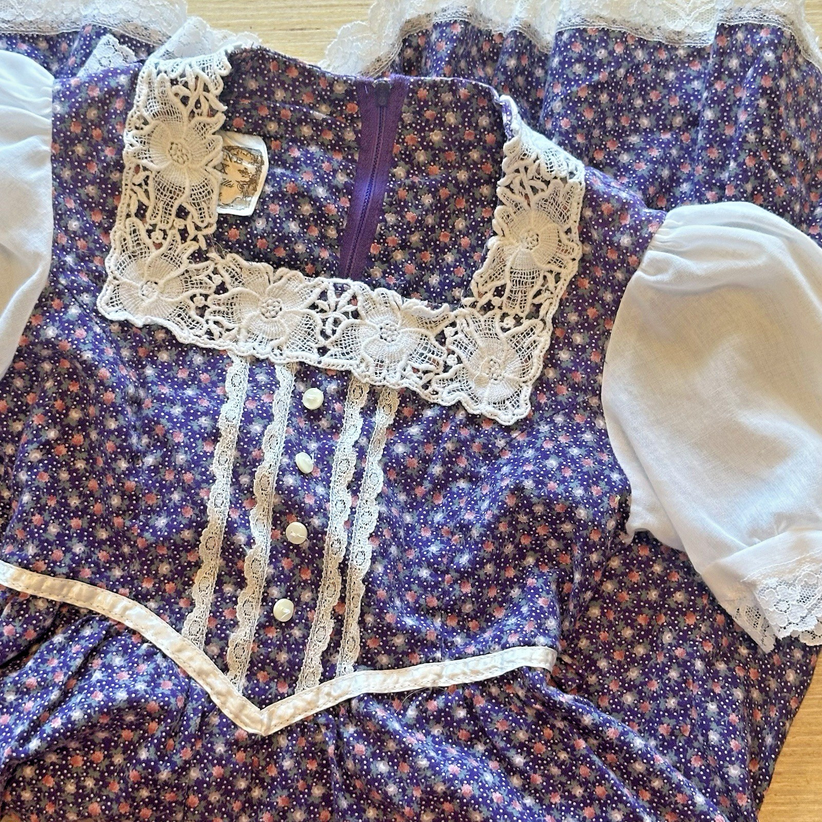 Gunne Sax By Jessica Prairie Vtg Girls Dress Purple Floral White Lace Trim 70’s