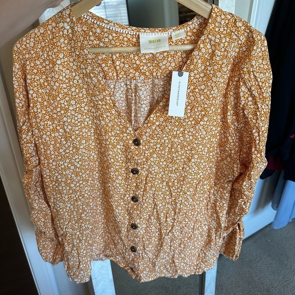 Anthropologie NWT Maeve Yellow Floral Button-Up Blouse