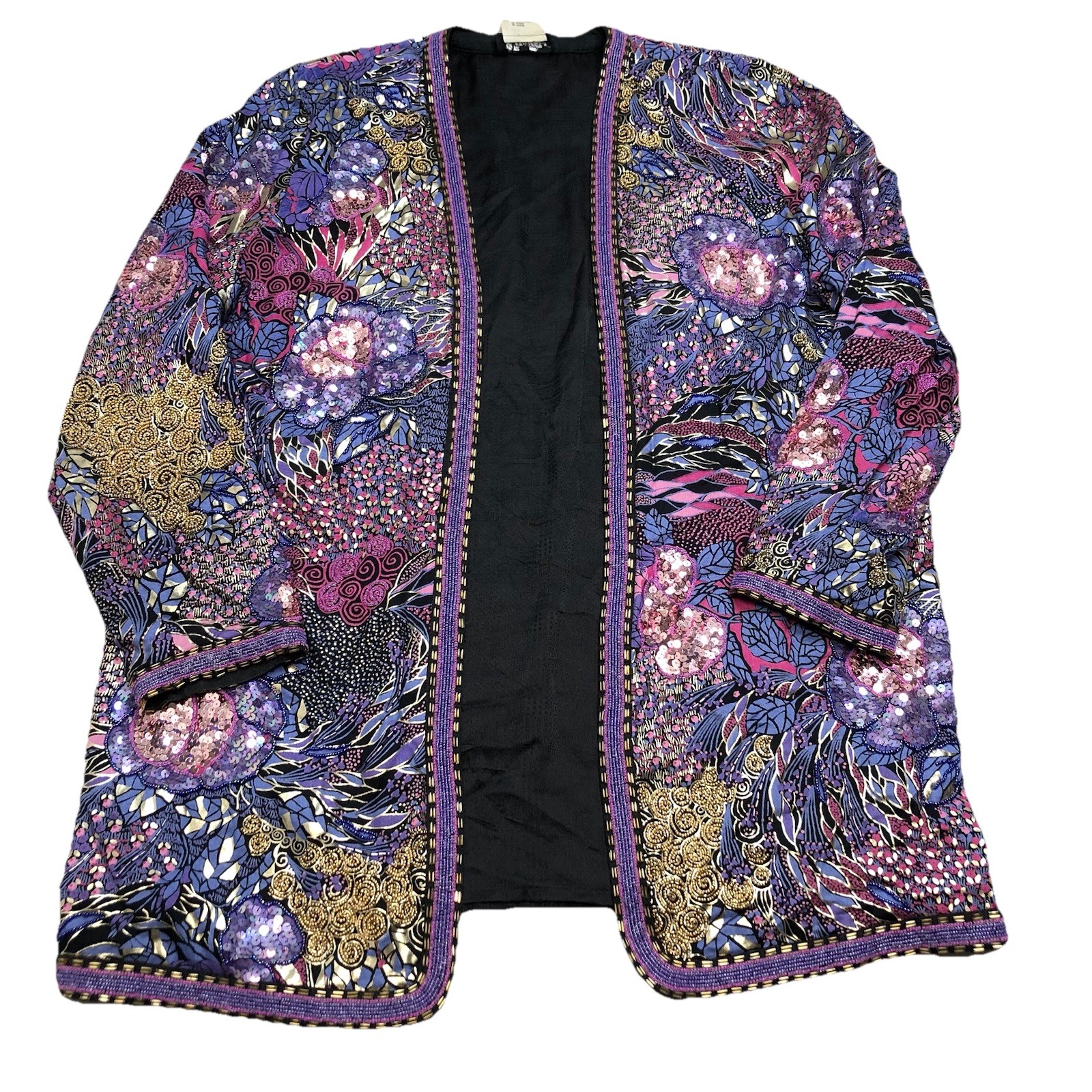 DIANE FREIS Black Silk Rayon Hand-Beaded Sequin Jacket Cardigan Blazer M Or L
