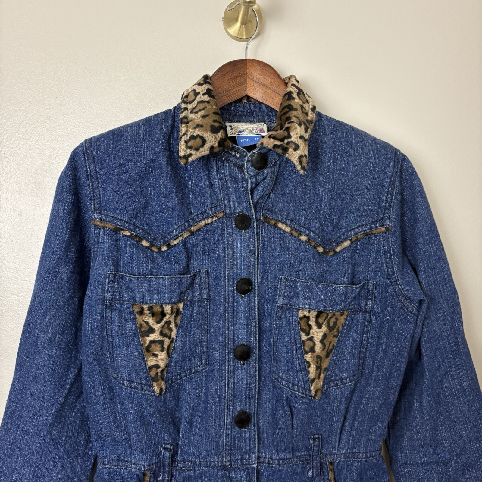 Vintage 80s Womens 4P Denim Dress Retro Western Leopard Cowgirl Festival Concert