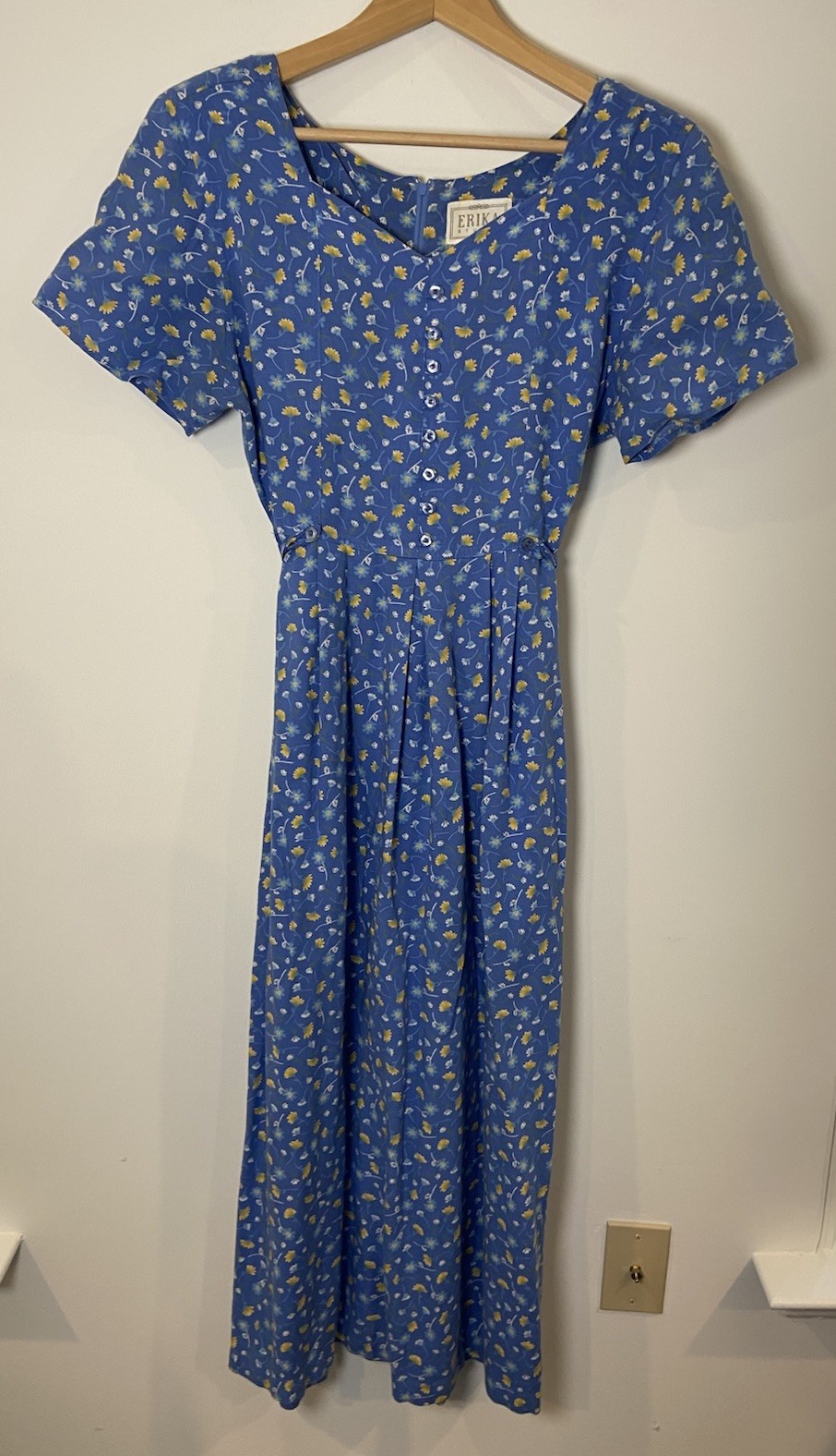 Vintage Erika Studio Dress 90’s Shoulder Pads Tie Waist Blue Yellow Floral S/M