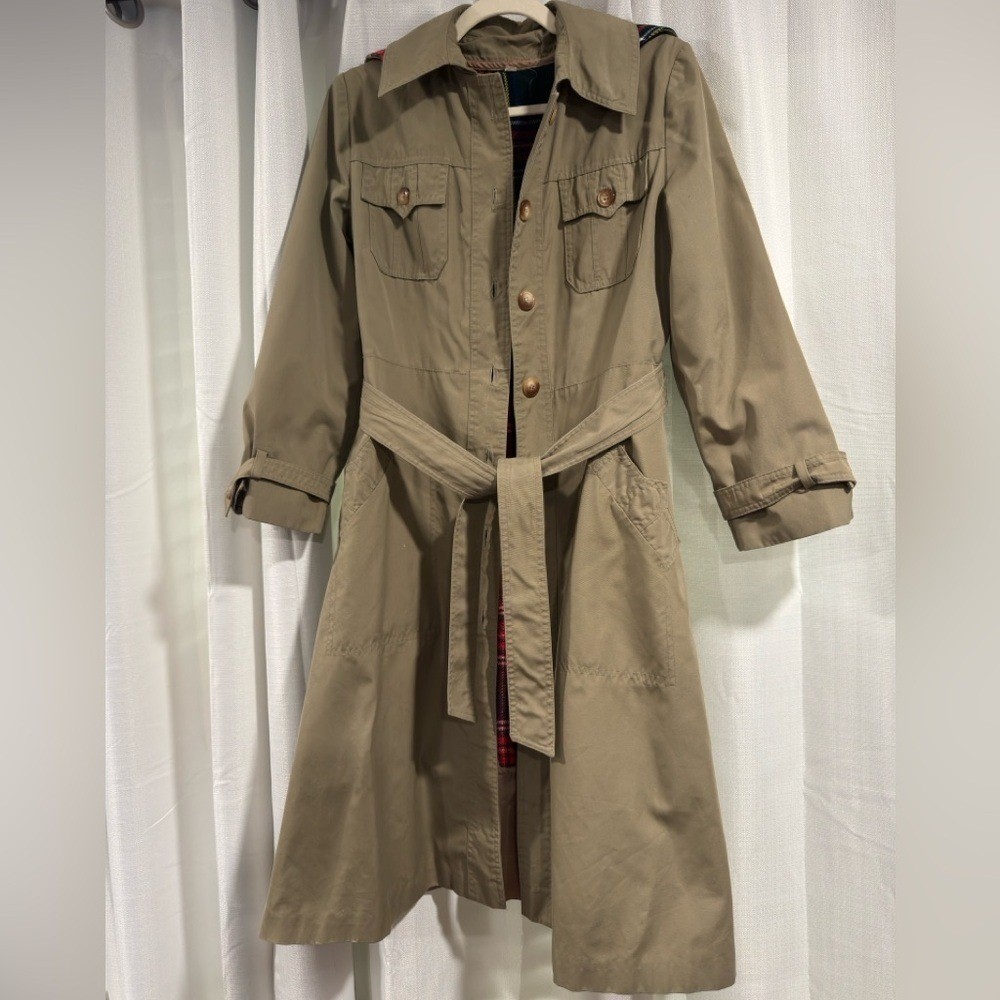 Vintage Khaki Trench Coat with Removable Plaid Liner Tan Belted Overcoat Size 8