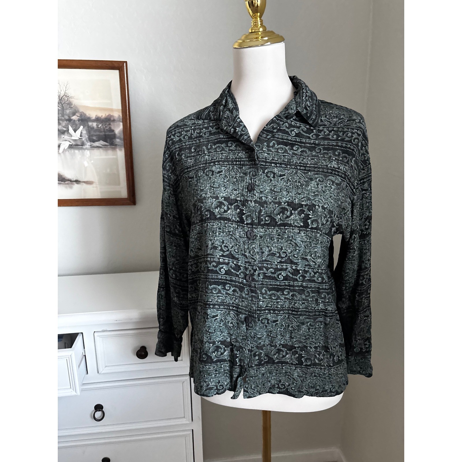 Rena Rowan for Saville Vintage Teal Black Paisley Crinkle Rayon Blouse Size 8