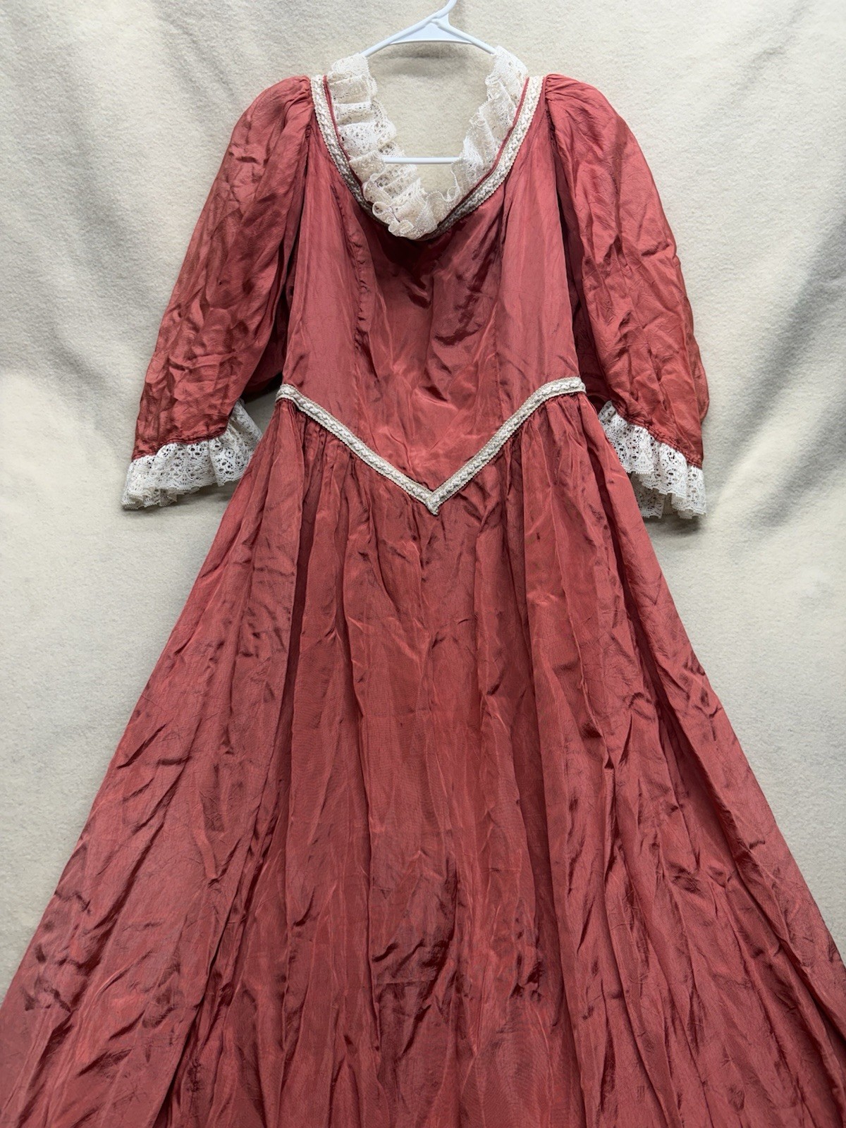 Vintage Handmade Victorian Prairie Cottagecore Dress Rose Silk + White Lace M/L