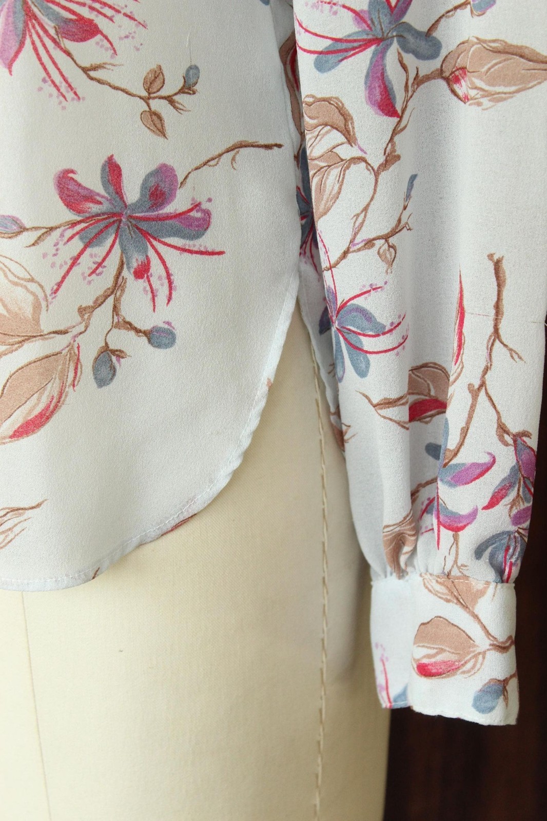 Vintage 1980s 1990s Blouse, Pale Blue Gray Chiffon with a Floral Print Button