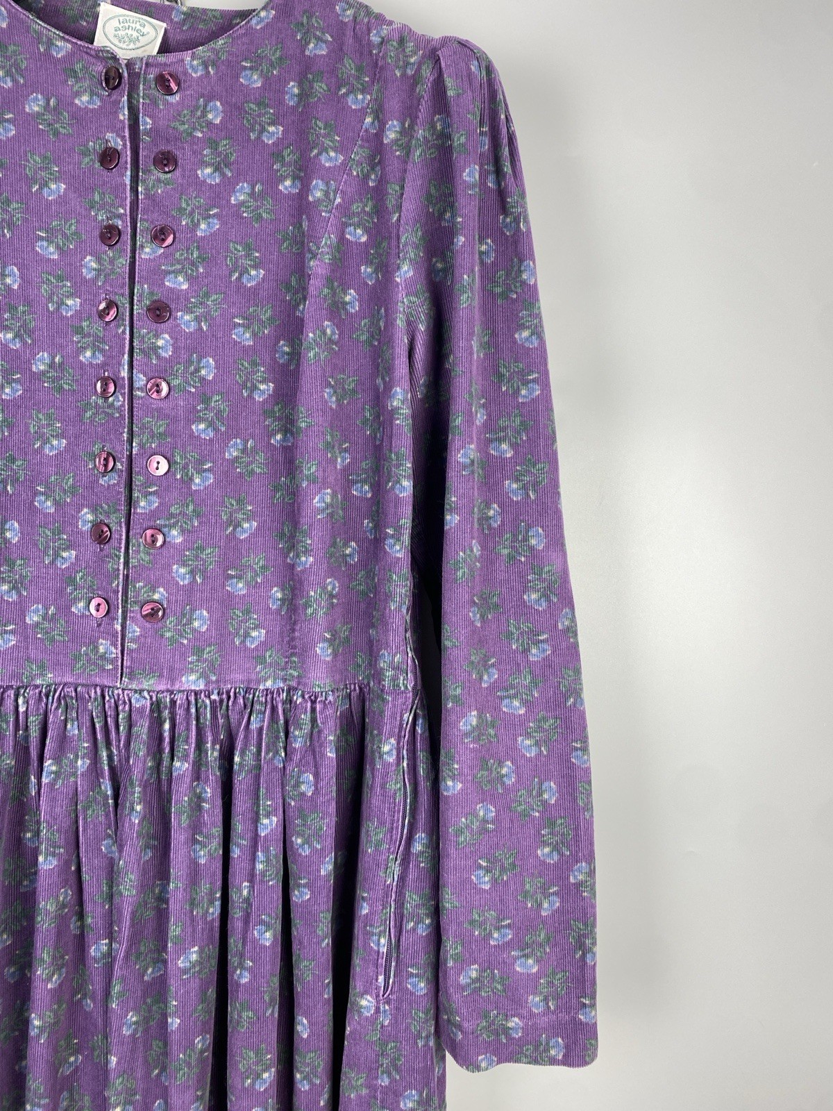 Vintage 80s Laura Ashley Dress Cotton Corduroy Floral Long Sleeve Size M EU 40
